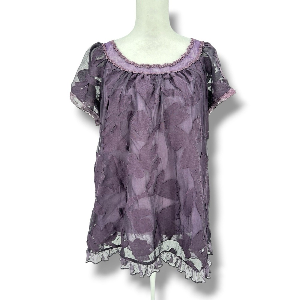 Rebecca Taylor Silk Blend Burnout Blouse Sz 8 Purple Ruffle Fairycore Whimsygoth